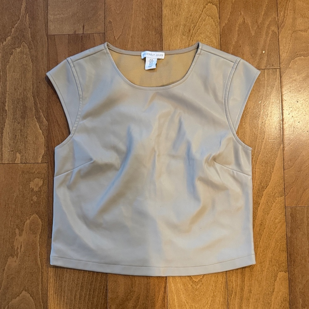 Sincerely Jules Taupe Cap Sleeve‎ Blouse Faux Leather